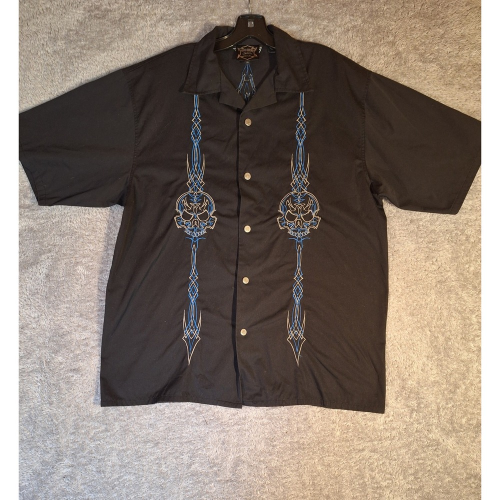 Hard Chrome Gear Mens XL Biker Button Shirt Black Embroidered Skull Pinstripe